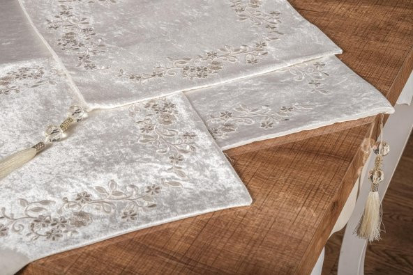 Finezza Ambra Kadife Nakışlı Runnerlı Krem Salon Takımı 4 Parça - 1249 - 6