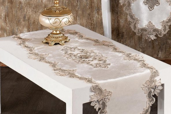Finezza Hayal Kadife Güpürlü Runnerlı Krem Salon Takımı 5 Parça - 1250 - 2