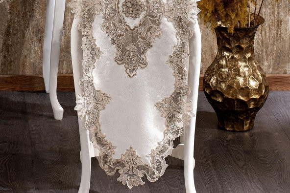 Finezza Hayal Kadife Güpürlü Runnerlı Krem Salon Takımı 5 Parça - 1250 - 4