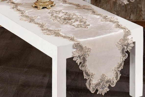 Finezza Hayal Kadife Güpürlü Runnerlı Krem Salon Takımı 5 Parça - 1250 - 5
