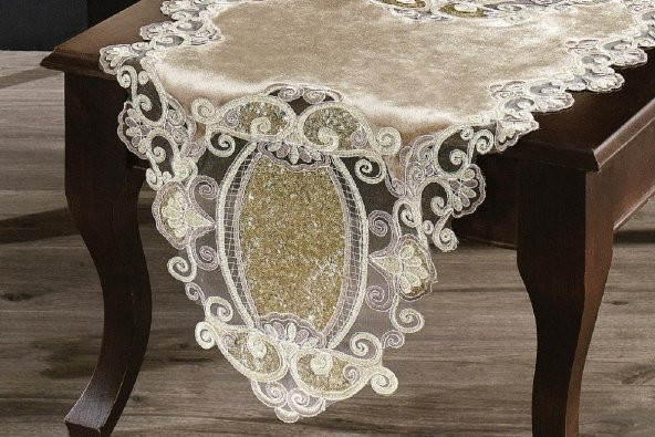 Finezza Aydan Kadife Güpürlü Runnerlı Bej Salon Takımı 5 Parça - 1251 - 2