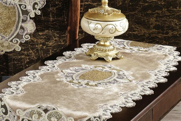 Finezza Aydan Kadife Güpürlü Runnerlı Bej Salon Takımı 5 Parça - 1251 - 3