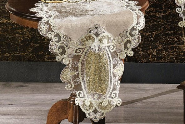 Finezza Aydan Kadife Güpürlü Runnerlı Bej Salon Takımı 5 Parça - 1251 - 4