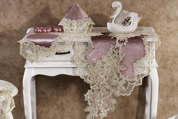 Finezza Beste Kadife Güpürlü Runnerlı Pudra Salon Takımı 5 Parça - 1252 - 2