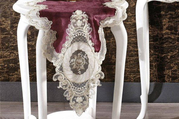 Finezza Mahidevran Kadife Güpürlü Runnerlı Bordo Salon Takımı 5 Parça - 1253 - 2
