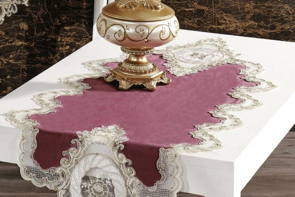 Finezza Mahidevran Kadife Güpürlü Runnerlı Bordo Salon Takımı 5 Parça - 1253 - 4