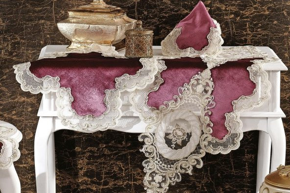 Finezza Mahidevran Kadife Güpürlü Runnerlı Bordo Salon Takımı 5 Parça - 1253 - 5