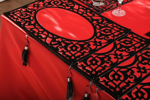 Finezza Asil Kadife Keten Siyah Kırmızı Sofra Takımı 8 kş.160x230 26 Prç. - 1254 - 2