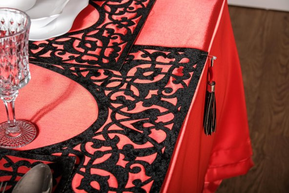 Finezza Asil Kadife Keten Siyah Kırmızı Sofra Takımı 8 kş.160x230 26 Prç. - 1254 - 7