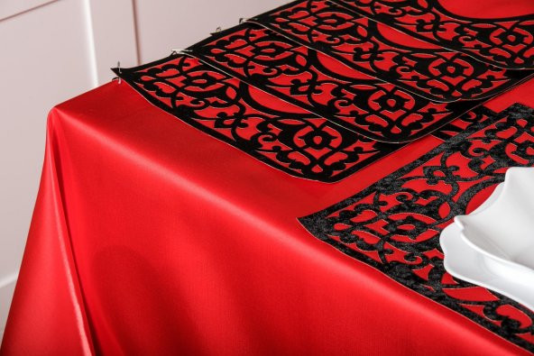 Finezza Asil Kadife Keten Siyah Kırmızı Sofra Takımı 8 kş.160x230 26 Prç. - 1254 - 9
