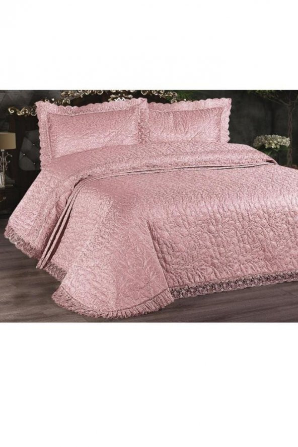 Carilla Kapitoneli Fransız Güpürlü Yatak Örtüsü Pudra - 3