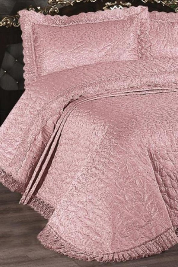 Carilla Kapitoneli Fransız Güpürlü Yatak Örtüsü Pudra - 2