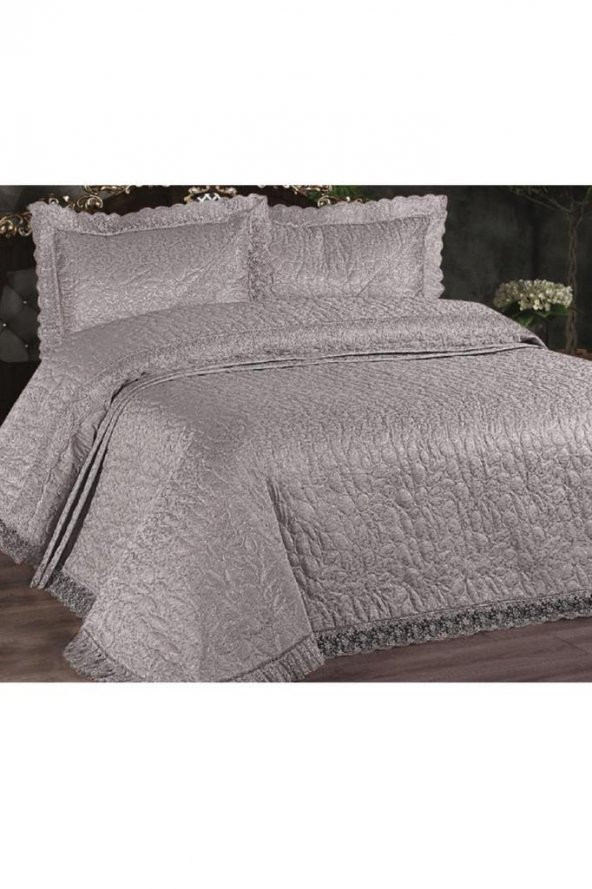 Carilla Kapitoneli Fransız Güpürlü Yatak Örtüsü Gri - 3