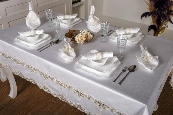 Finezza Melek Güpürlü Bambu Kumaş Krem Sofra Tk. 8 Kşl. 160x230 17 Prç. - 1269 - 2