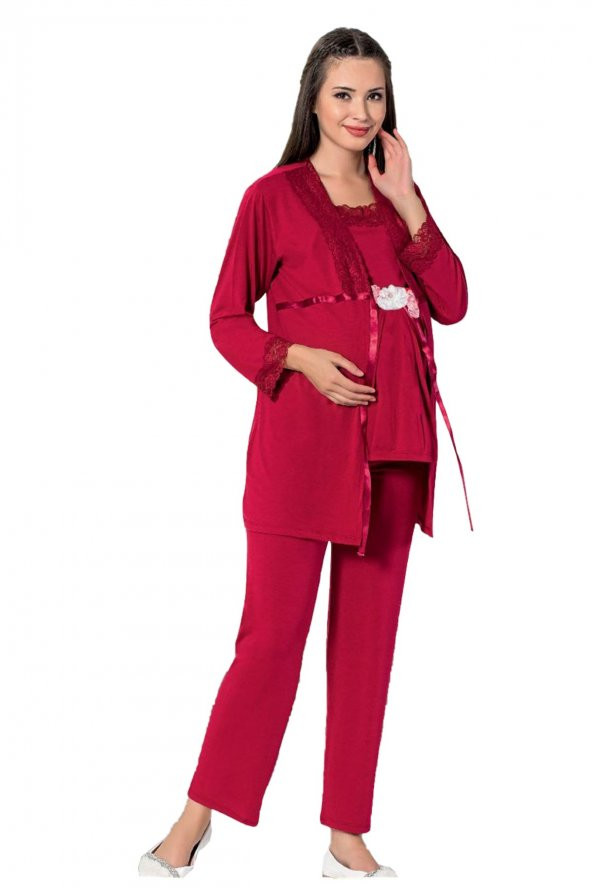 Bordo Renk Dantelli Jenika-51699 3 lü ve Sabahlıklı Lohusa Hamile Pijama Takımı