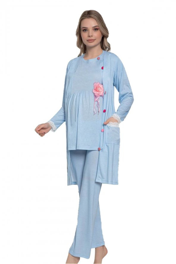 Bebe Mavi Renk Dantelli Jenika-51359 3 lü ve Sabahlıklı Lohusa Hamile Pijama Takımı
