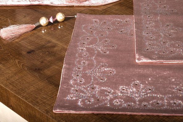 Finezza Belda Kadife Nakışlı Runnerlı Pudra Salon Takımı 5 Parça - 1273 - 2