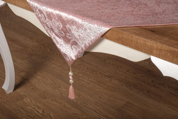 Finezza Belda Kadife Nakışlı Runnerlı Pudra Salon Takımı 5 Parça - 1273 - 6