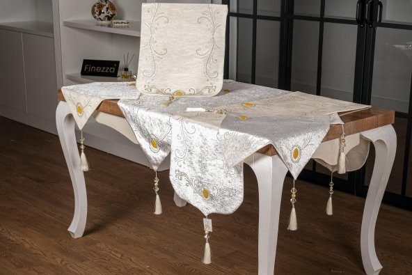 Finezza Clair Kadife Nakışlı Runnerlı Krem Salon Takımı 5 Parça - 1274