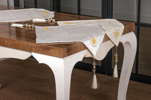 Finezza Clair Kadife Nakışlı Runnerlı Krem Salon Takımı 5 Parça - 1274 - 3