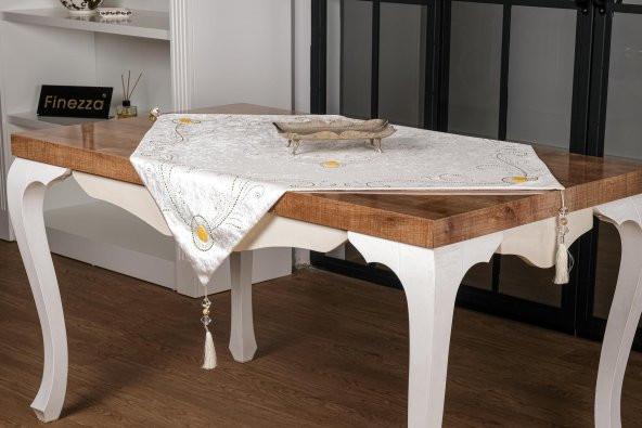 Finezza Clair Kadife Nakışlı Runnerlı Krem Salon Takımı 5 Parça - 1274 - 6