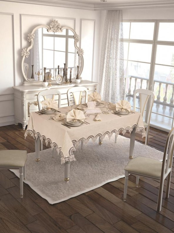 Finezza Ahsen Güpürlü Keten Kumaş Krem Sofra Takımı 8 kş. 160x230 17 Prç - 1275