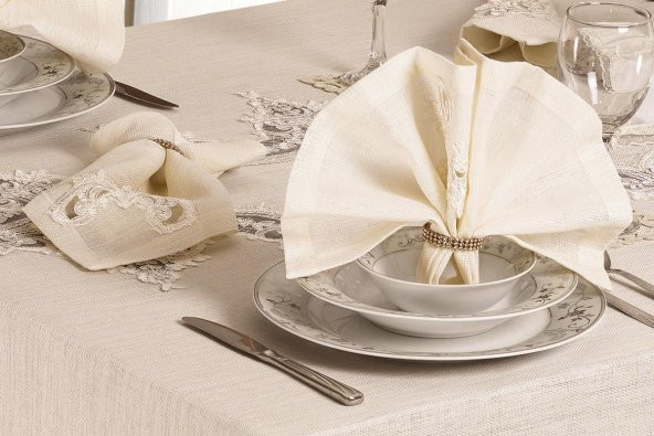 Finezza Ahsen Güpürlü Keten Kumaş Krem Sofra Takımı 8 kş. 160x230 17 Prç - 1275 - 4
