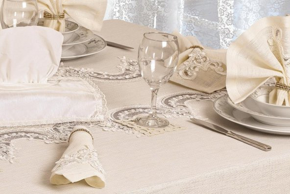 Finezza Ahsen Güpürlü Keten Kumaş Krem Sofra Takımı 8 kş. 160x230 17 Prç - 1275 - 6