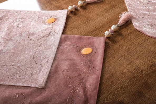 Finezza Clair KadifeNakışlı Runnerlı Pudra Salon Takımı 5 Parça - 1276 - 2