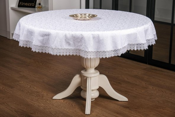 Finezza Duygu Güpürlü Jakar Kumaş Beyaz Masa Örtüsü 160cm Yuvarlak - 1277 - 2