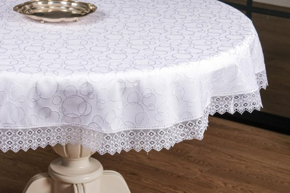 Finezza Duygu Güpürlü Jakar Kumaş Beyaz Masa Örtüsü 160cm Yuvarlak - 1277 - 3