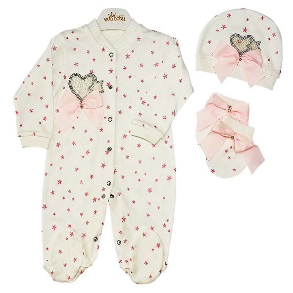 Eda Baby Yıldız Baskılı Tulum Set -Ekru -Pembe Kurdeleli