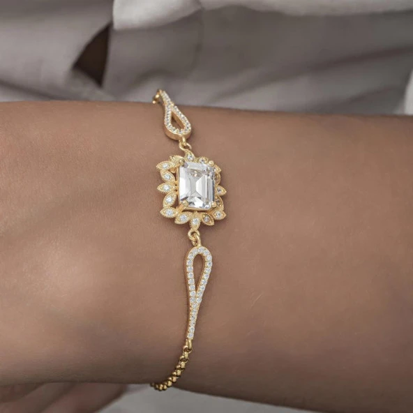 Rodyumlu Baget Zirkon Taşlı Yuvarlak Gümüş Bayan Bileklik - 3