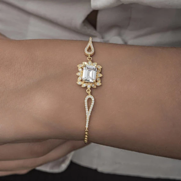 Rodyumlu Baget Zirkon Taşlı Yuvarlak Gümüş Bayan Bileklik - 6