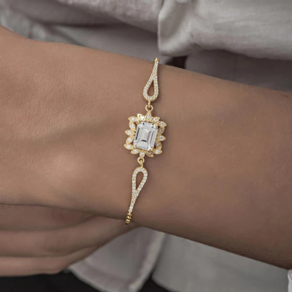 Rodyumlu Baget Zirkon Taşlı Yuvarlak Gümüş Bayan Bileklik - 11