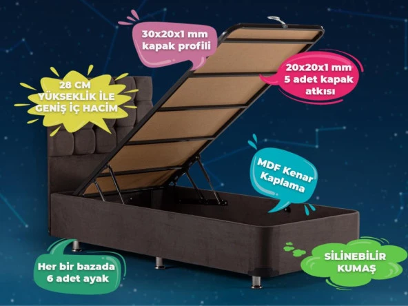 Niron King Yatak Seti 80x180 Tek Kişilik Yatak Baza Başlık Takımı Füme - Resim 8