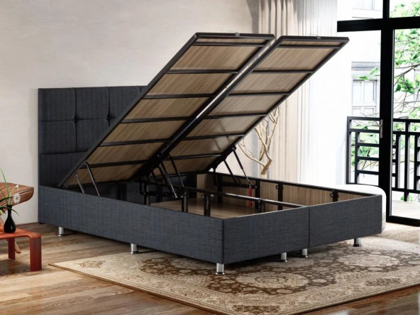 Niron Notte Çift Kişilik Ultra Ortopedik Yatak Seti - Lacivert Keten Sağlamlaştırılmış Baza Başlık ve Yatak Seti - 4