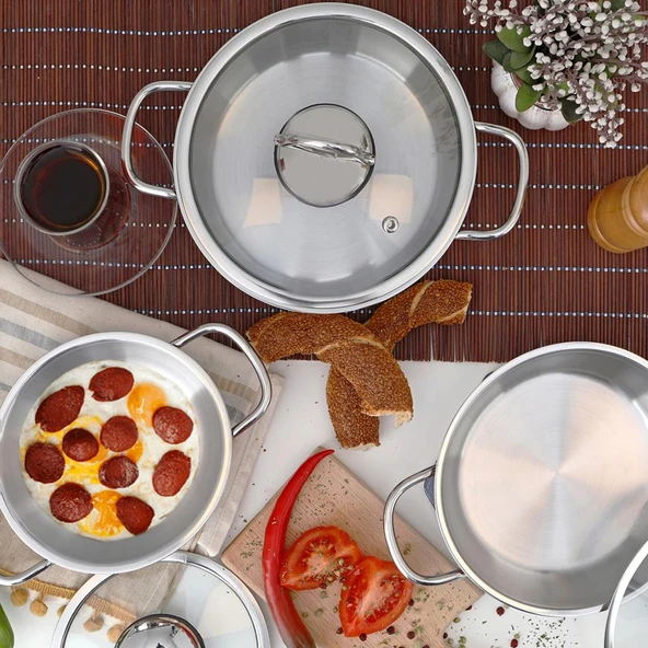 Serenk Definition 6 Parça Çelik Omlet Seti - 18/10 Paslanmaz Çelik, 14-16-18 cm Cam Kapaklı Sahan - Resim 4