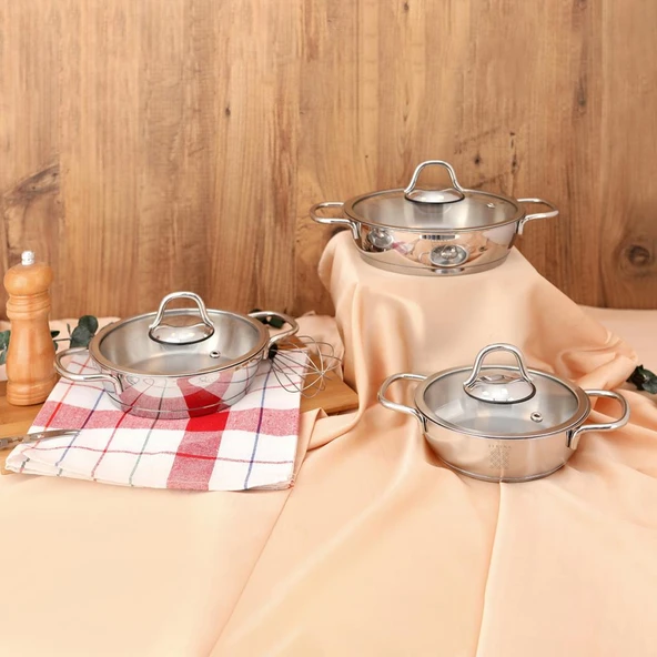 Serenk Definition 6 Parça Çelik Omlet Seti - 18/10 Paslanmaz Çelik, 14-16-18 cm Cam Kapaklı Sahan - Resim 6