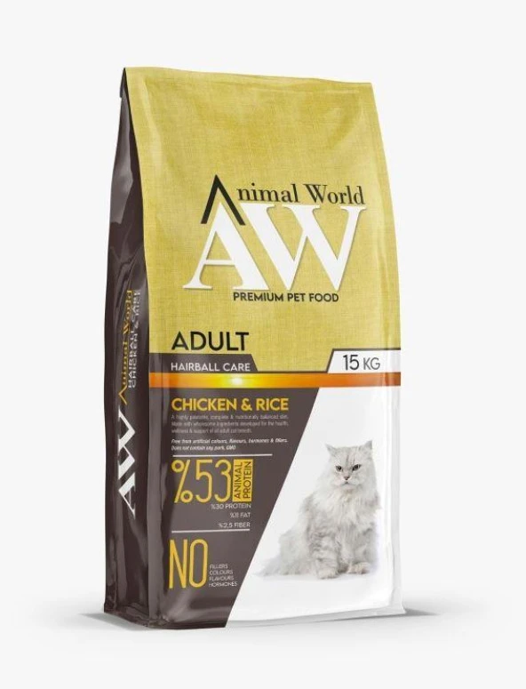 Animal World Hairball Care Tüy Yumağı Önleyici Tavuklu ve Pirinçli Yetişkin Kedi Maması 15kg
