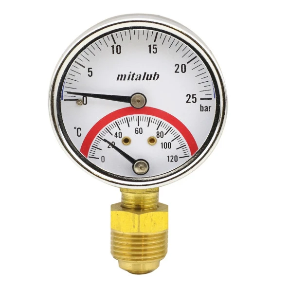 Mitalub 63 mm 25 Bar Alttan Çıkışlı Metal Manometre 1/4" Bağlantı Termometreli Basınç Ölçer