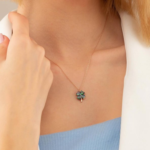 Gümüş Pazarım Mistik Topaz Taşlı 4 Yapraklı Yonca Gümüş Kolye - Resim 3