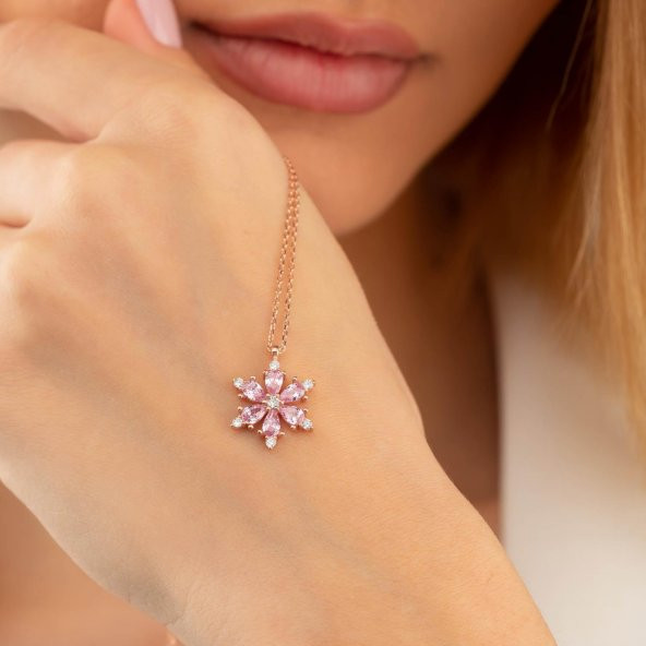 Gümüş Pazarım Pembe Taşlı Aster Çiçeği Gümüş Kolye - 2