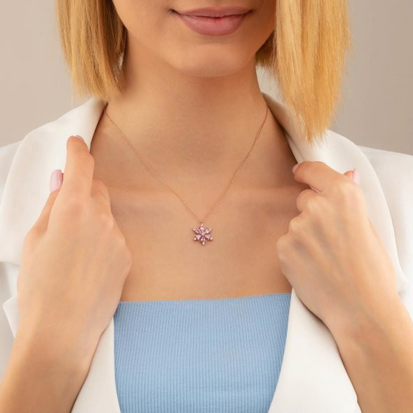 Gümüş Pazarım Pembe Taşlı Aster Çiçeği Gümüş Kolye - 3