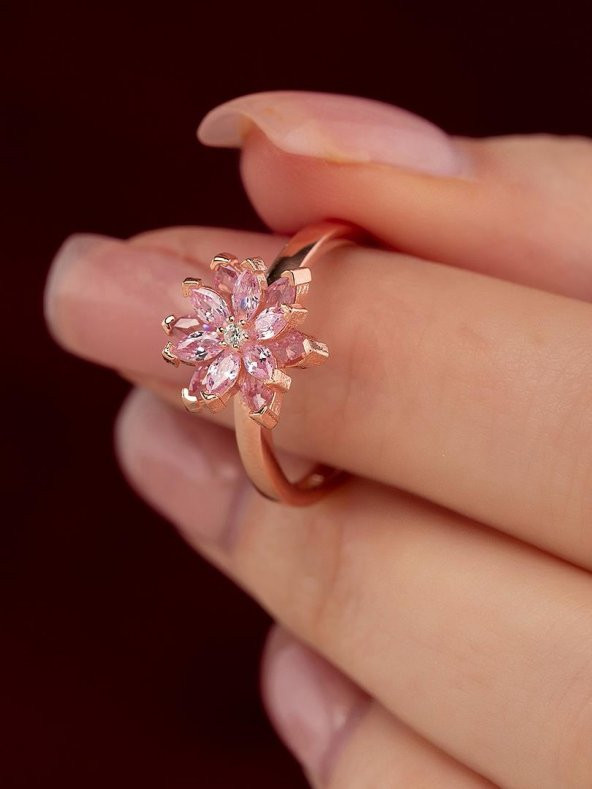 Gümüş Pazarım Pembe Renkli Lotus Çiçeği Gümüş Yüzük