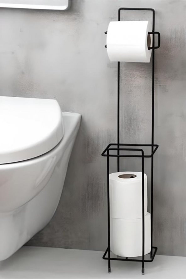 Siyah Ferforje Ayaklı Wc Kağıtlığı Yedek Rulo Hazneli Metalden üretim Seyyar Tuvalet Kağıt Standı