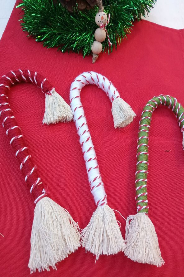 3lü Dekoratif El Yapımı Püsküllü Baston Şeker Yılbaşı Süsü - 2
