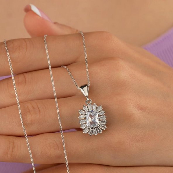 Gümüş Pazarım Elmas Montür Dikdörtgen Taşlı Gümüş Kolye - 2