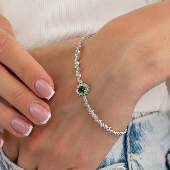 Gümüş Pazarım Oval Kesim Zümrüt Su Yolu Gümüş Bileklik - 2