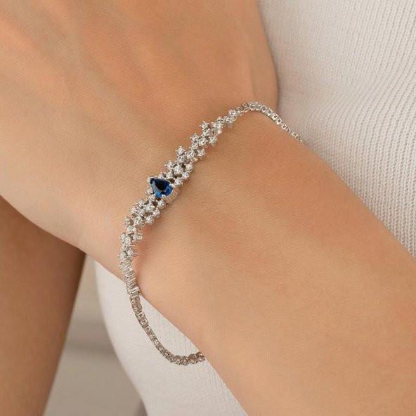 Gümüş Pazarım Safir Renkli Su Damlası Gümüş Bileklik - 2